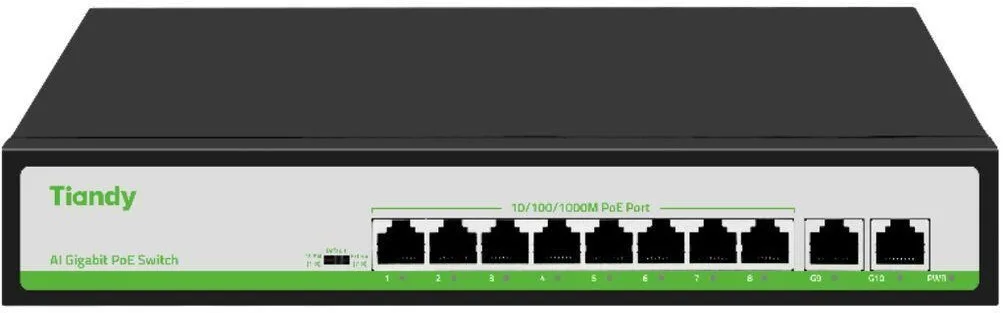 Комутатор Tiandy 8 PoE 10/100 Мбіт/с 2 Uplink 100/1000 Мбіт/с металевий