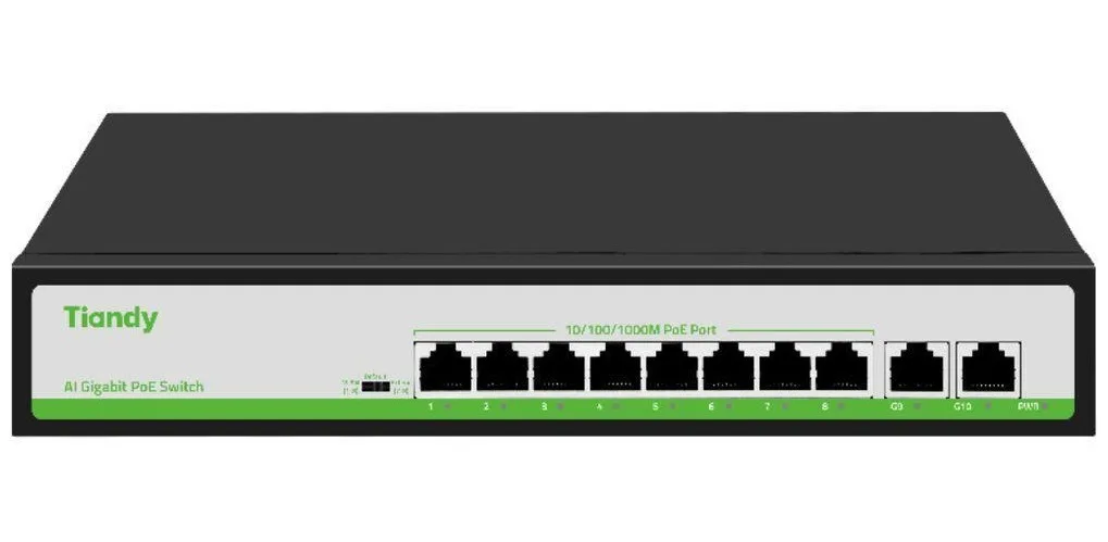 Коммутатор Tiandy 8 PoE 10/100 Мбит/с 2 Uplink 100/1000 Мбит/с металлический