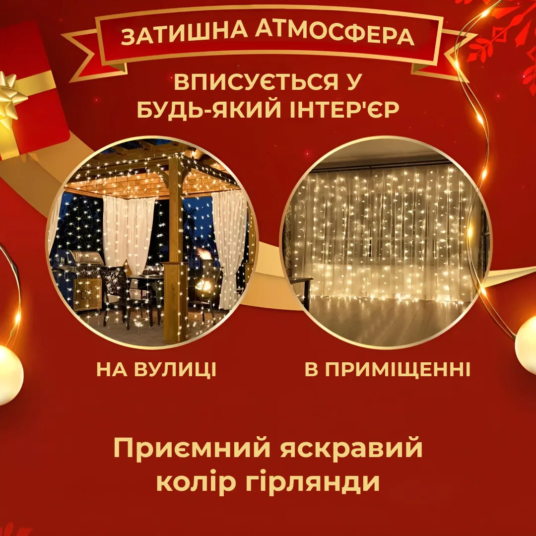 Гірлянда світлодіодна 3х3 м жовта 200 LED 10 ниток 8 режимів