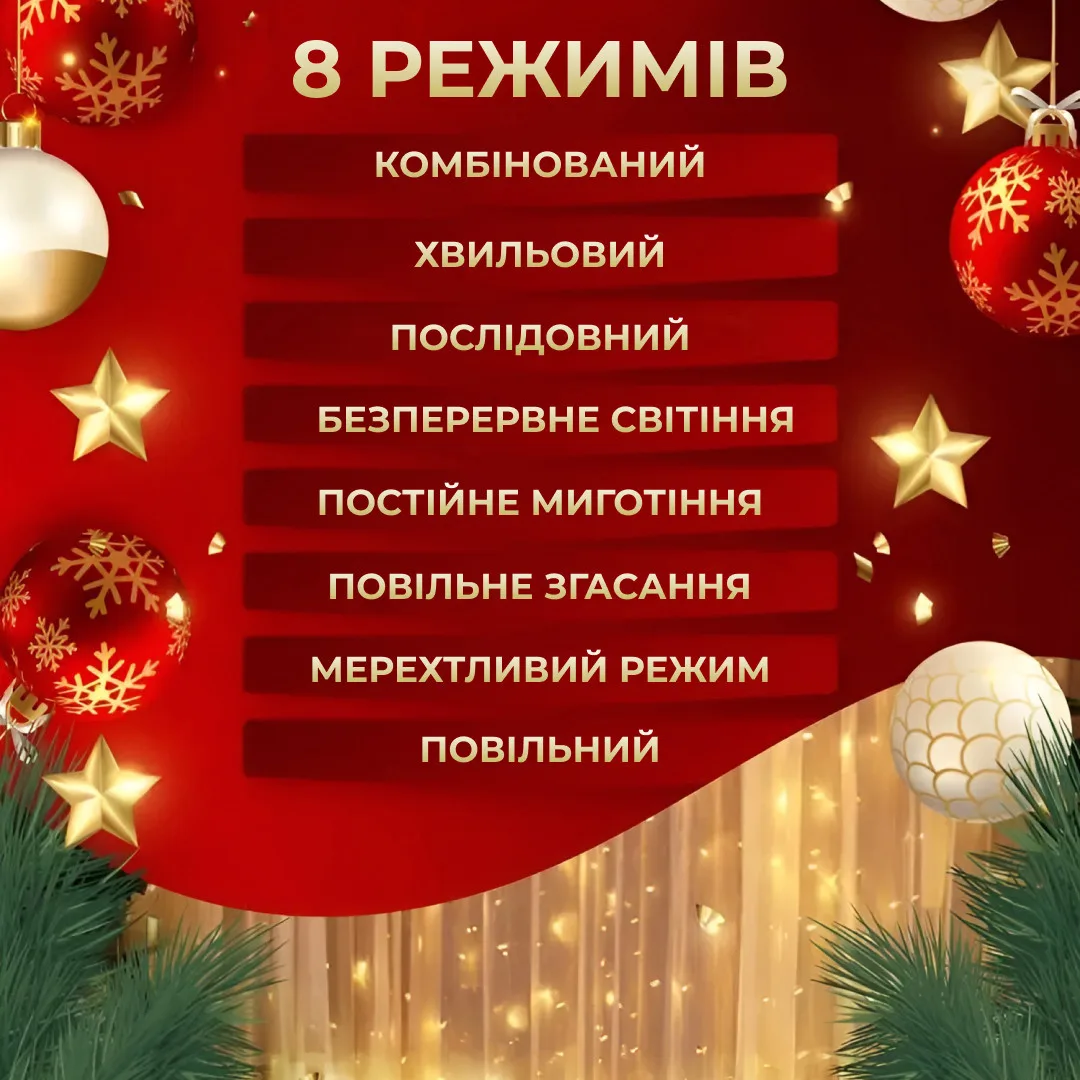 Гірлянда світлодіодна 3х3 м жовта 200 LED 10 ниток 8 режимів