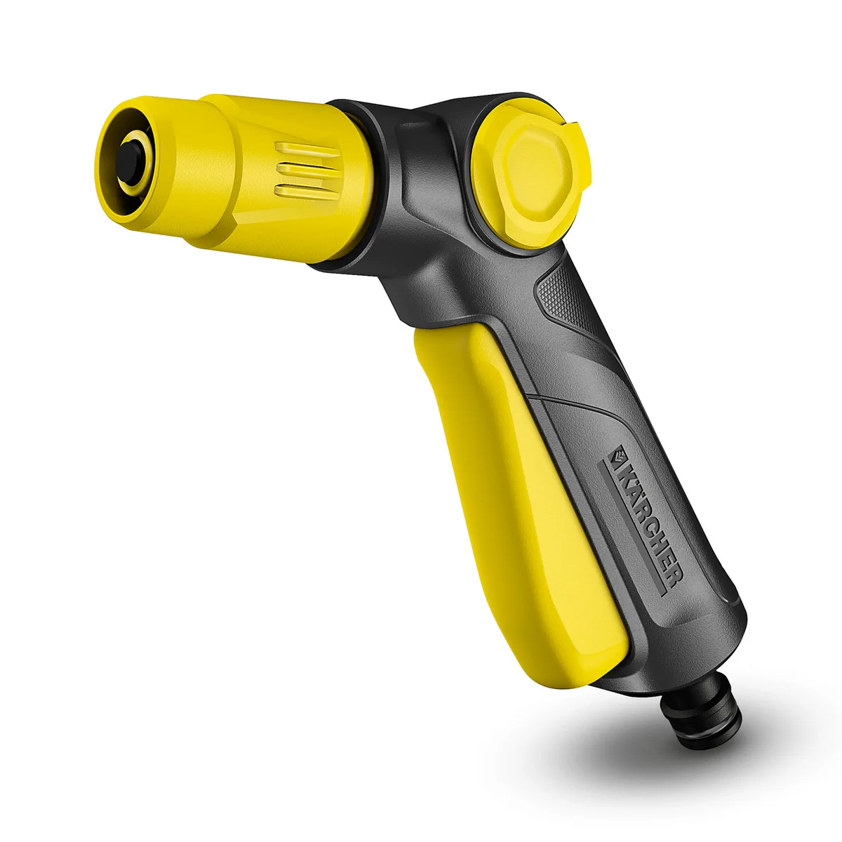 Ручний зрошувач Karcher, пістолетного типу, з можливістю регулювання тиску води та форми струменя, з функцією блокування кнопки.