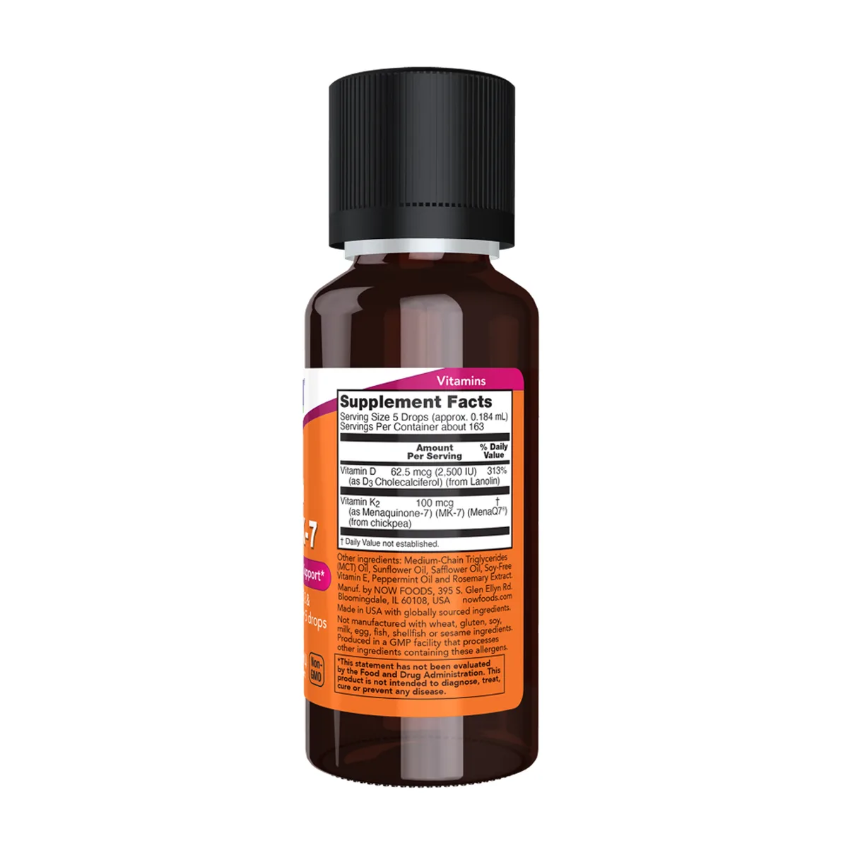 Вітамін D3 та K2 MK-7 рідкий 30 мл Now Foods без ГМО для здоров'я кісток та серця.
