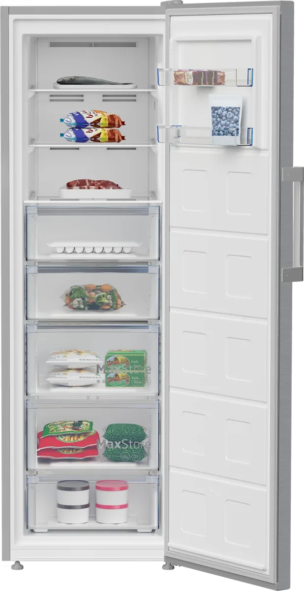 Морозильник Beko, 187x60x71 см, 286 л, однодверный, класс E, No Frost, нержавеющая сталь