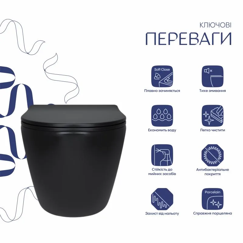 Унитаз подвесной Qtap Robin Ultra Quiet безободковый керамический 490x365x325 мм черный
