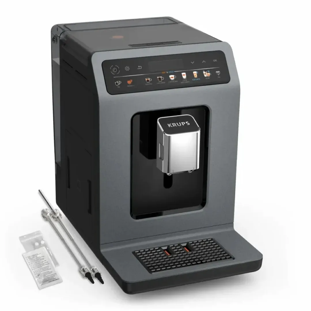 Кавомашина Krups Evidence Hot  Cold 2.3л, для зернової кави, автоматичний капучинатор, OLED дисплей, 18 авторських рецептів - сіра