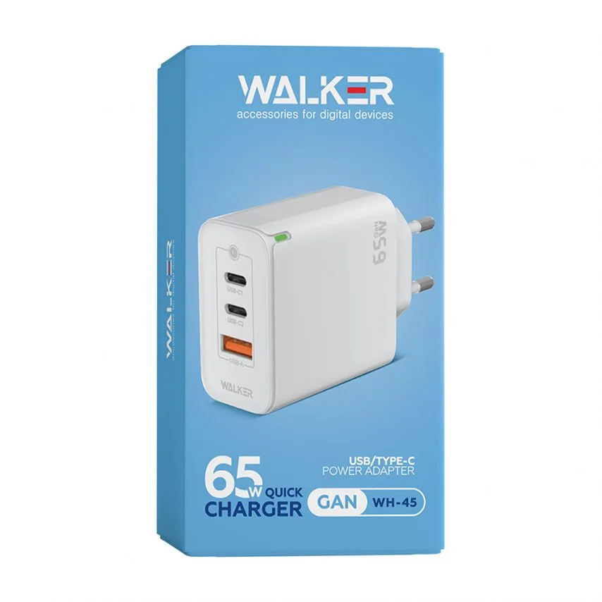 Мережевий зарядний пристрій WALKER 65W GaN 75х53х30 мм Білий