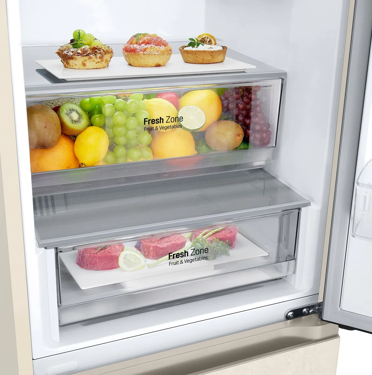 Холодильник LG з нижнім морозильником, габарити 203x60x68 см, об'єм холодильної камери 277 л, об'єм морозильної камери 110 л, двоє