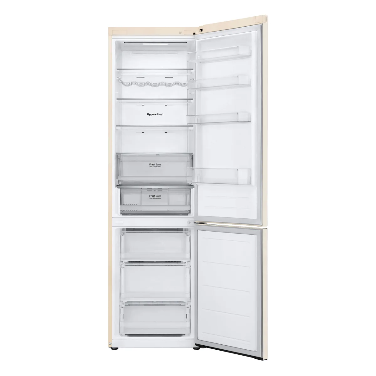 Холодильник LG з нижнім морозильником, габарити 203x60x68 см, об'єм холодильної камери 277 л, об'єм морозильної камери 110 л, двоє