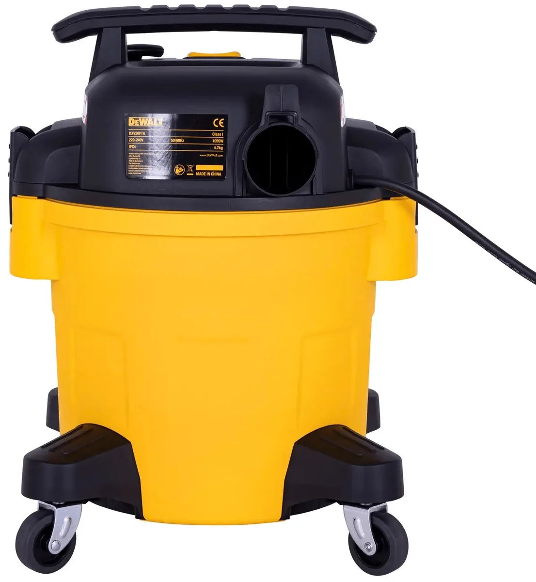 Професійний пилосос DeWalt потужністю 1050 Вт, з силою всмоктування 15 кПа, об'ємом контейнера 20 л, вагою 6.2 кг.