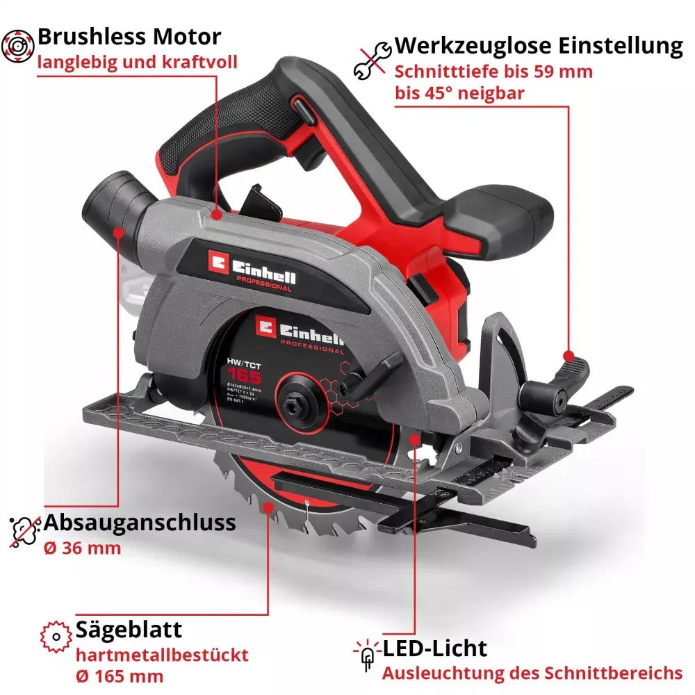Акумуляторна дискова пила Einhell TP-CS 18/165 Li BL-Solo 18В 5000 об/хв, 165 мм, 2.95 кг (без батареї та зарядного пристрою)