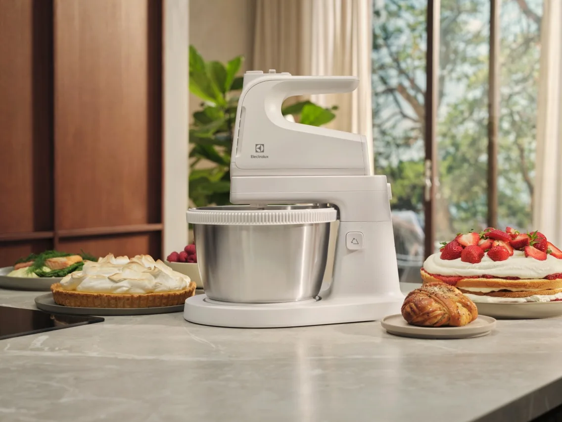Міксер стаціонарний Electrolux 500 Вт, 4 насадки, металева чаша об'ємом 3.5 л, білий колір.
