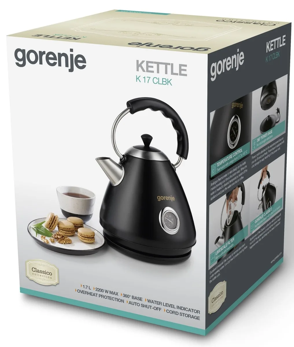Електрочайник Gorenje об'ємом 1.7 л, пластиковий, чорного кольору.