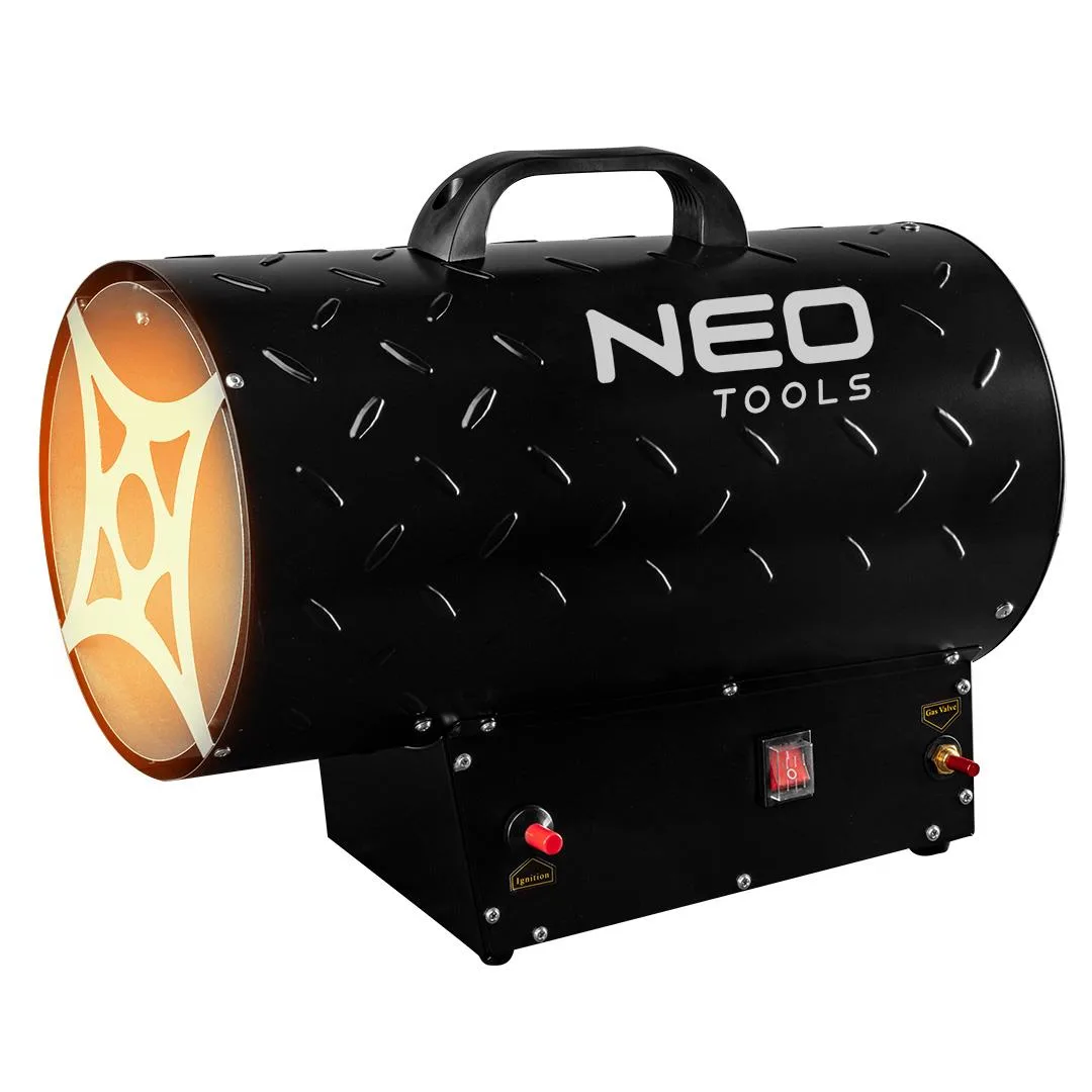 Газовая тепловая пушка Neo Tools, мощность 30 кВт, для обогрева площади до 300 м2, производительность 1000 м3/ч, черный цвет, вес 59 кг.