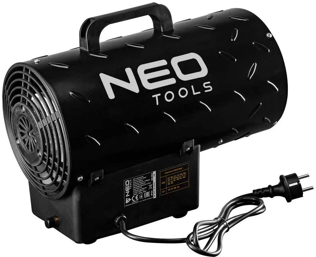 Газовая тепловая пушка Neo Tools, мощность 30 кВт, для обогрева площади до 300 м2, производительность 1000 м3/ч, черный цвет, вес 59 кг.