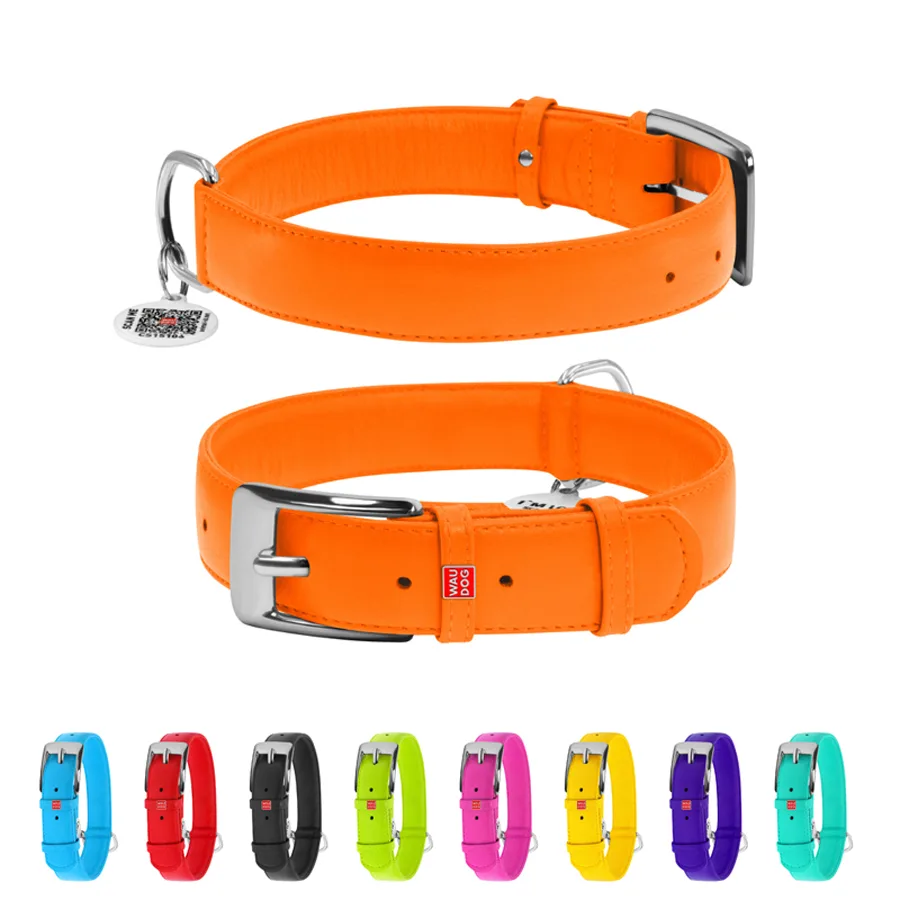 Нашийник WAUDOG Glamour шкіряний XL 35 мм 46х60 см помаранчевий з QR паспортом