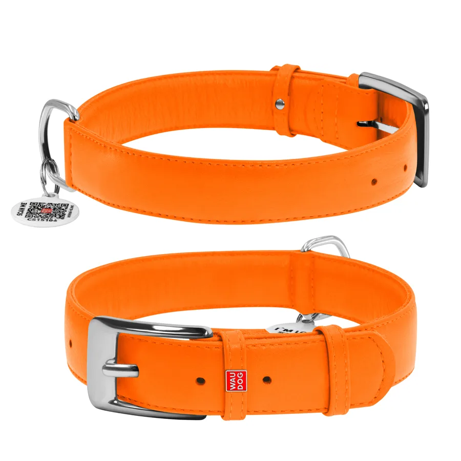 Нашийник WAUDOG Glamour шкіряний XL 35 мм 46х60 см помаранчевий з QR паспортом