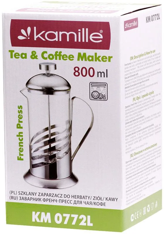 Френч-пресс Kamille Lizardi 800 мл стеклянный с металлической оправой и фильтром