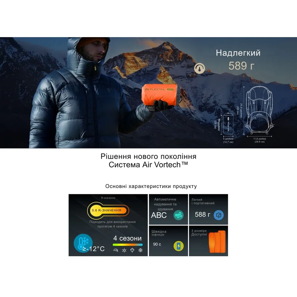 Килимок самонадувний Flextail 20D нейлон 183х65х7 см Помаранчевий