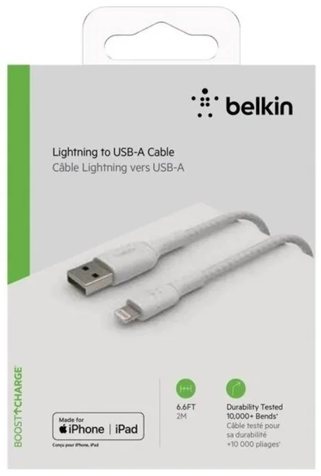 Кабель USB-A > Lightning заряджання/синхронізації Belkin 2м, 12Вт, плетений, білий