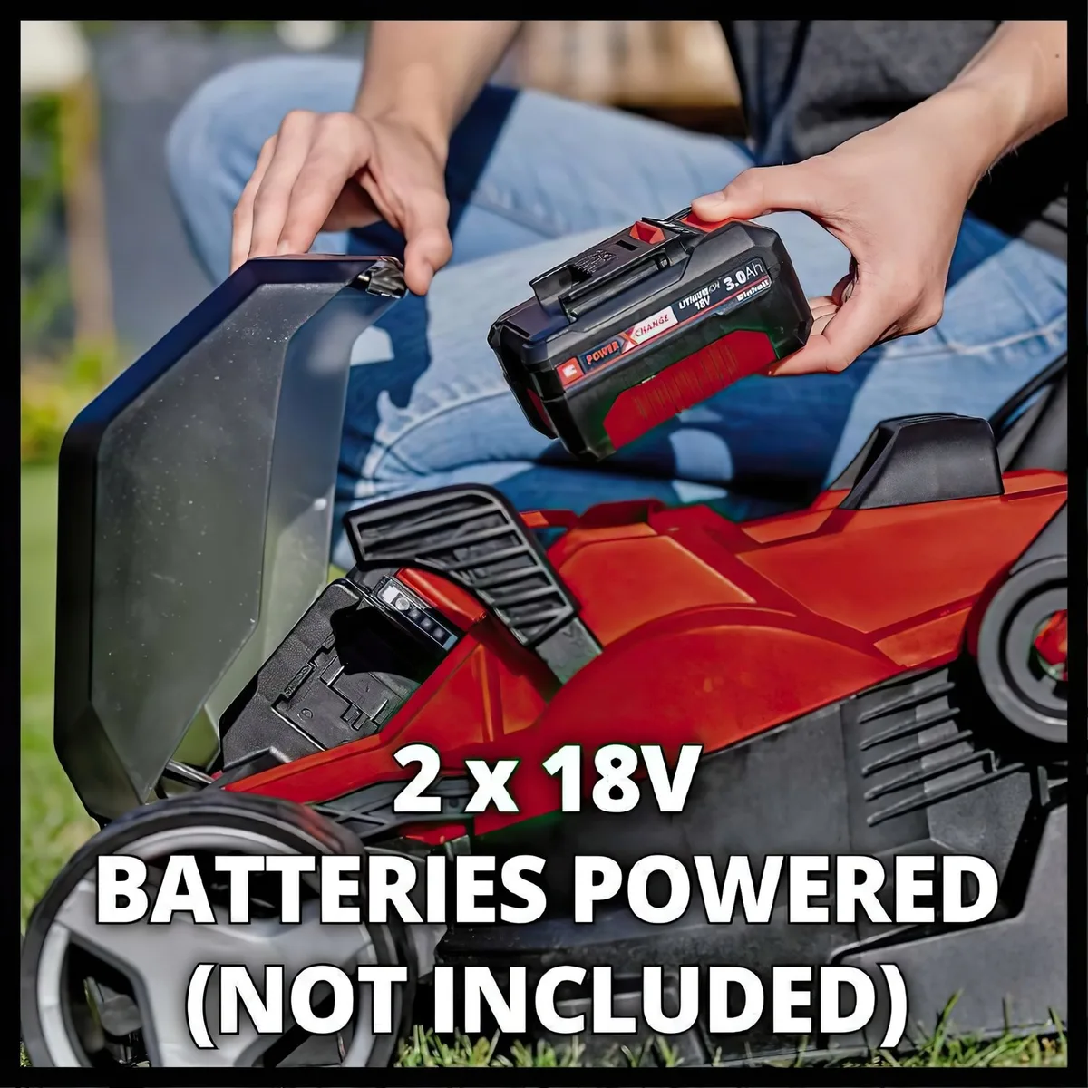 Акумуляторна газонокосарка Einhell PXC GE-CM 36/34-1 Li 36В (18+18) з шириною скошування 33 см, об'ємом травозбірника 30 л, регулю