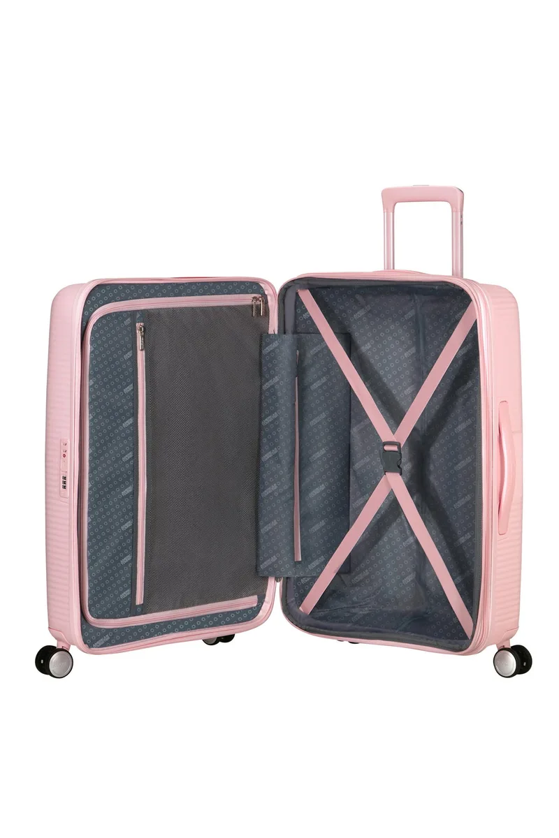 Валіза American Tourister, Soundbox, поліпропілен, середня, 67см, 71.5/81л, TSA, 4 колеса, EXP, пастельно-рожевий
