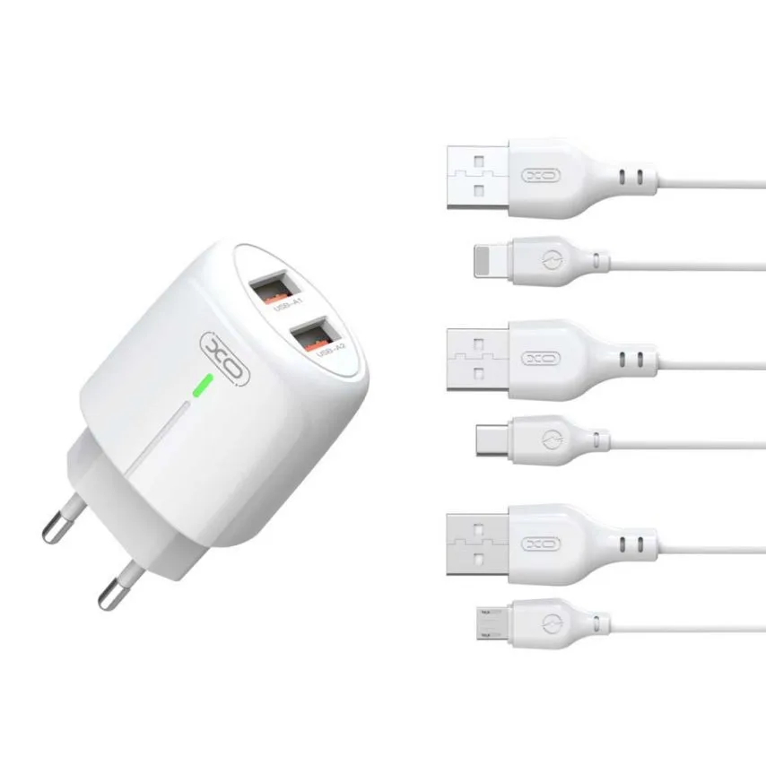 Мережевий зарядний пристрій XO 2USB 2.4A 1м білий