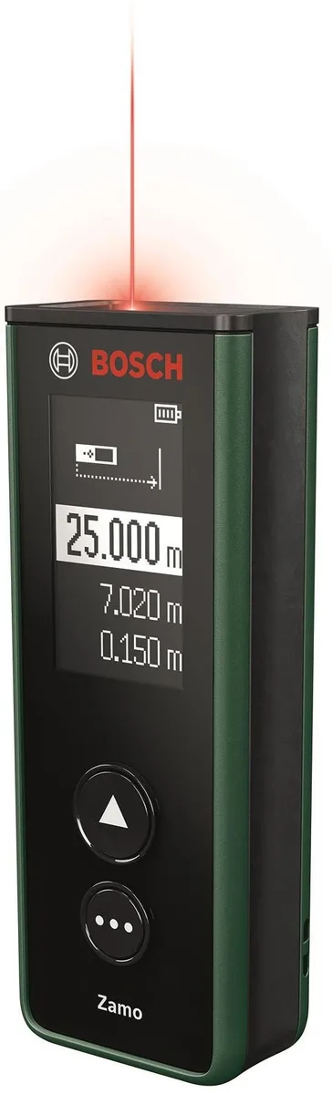Лазерний далекомір Bosch Zamo, діапазон 0.15-25м, точність ±2мм, вага 0.08кг.
