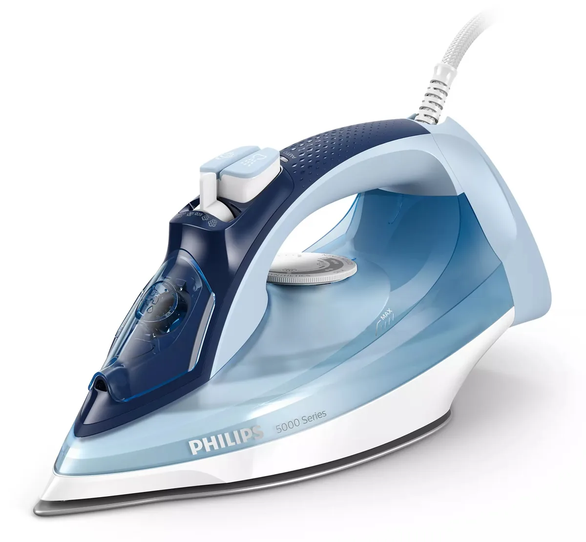 Парова праска Philips 5000 Series, 2400 Вт, 320 мл, паровий удар до 180°C, постійна подача пари 45 г/хв, керамічна підошва, блакит