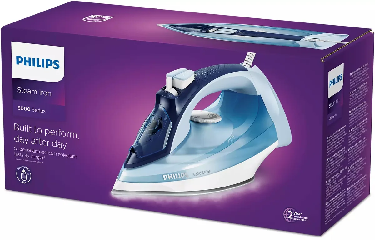 Парова праска Philips 5000 Series, 2400 Вт, 320 мл, паровий удар до 180°C, постійна подача пари 45 г/хв, керамічна підошва, блакит
