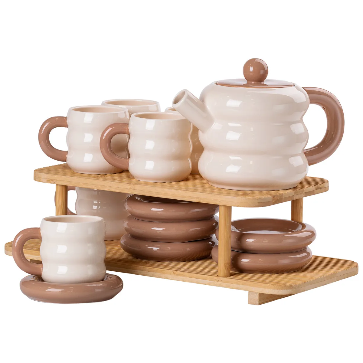 Чайный сервиз на 6 персон керамика 1 3 литра бежевый с бамбуковой подставкой