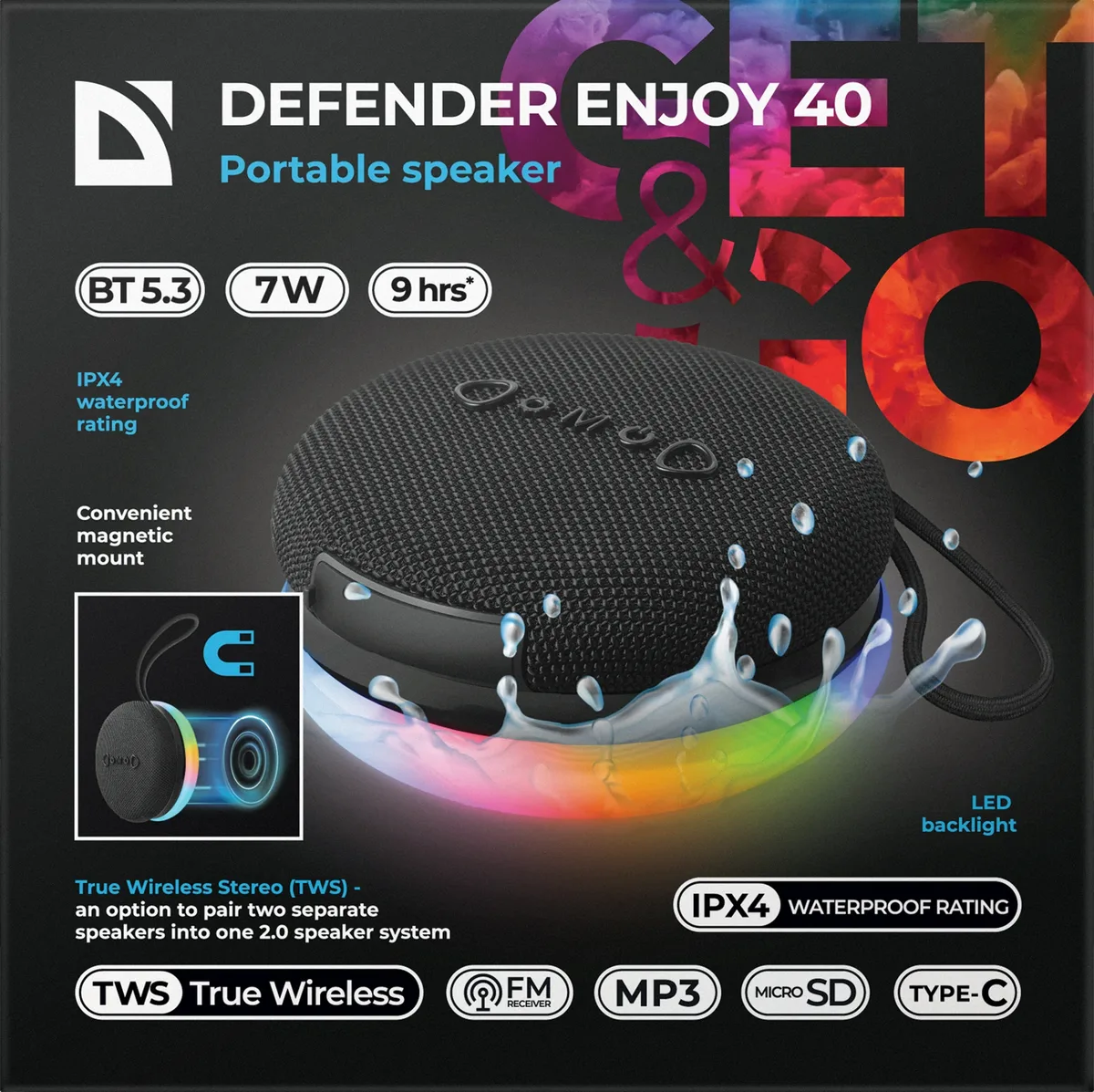 Портативна акустика Defender пластик 5,2х10,1х10 см чорна