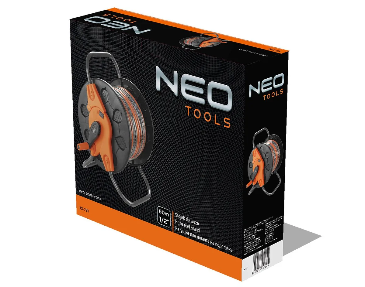 Котушка для шланга Neo Tools на підставці, розрахована на 60 м шланга діаметром 1/2" та 20 м діаметром 3/4".