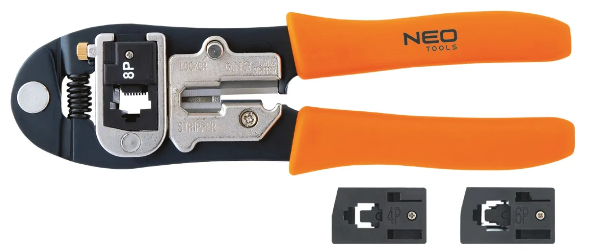 Обтискні кліщі Neo Tools для наконечників 4P, 6P, 8P з змінними головками, довжина 195 мм.
