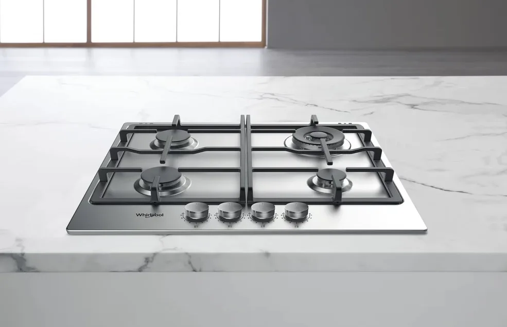 Газова варильна поверхня Whirlpool, 60 см, чавунні решітки, конфорка з подвійним полум'ям, нержавіюча сталь.