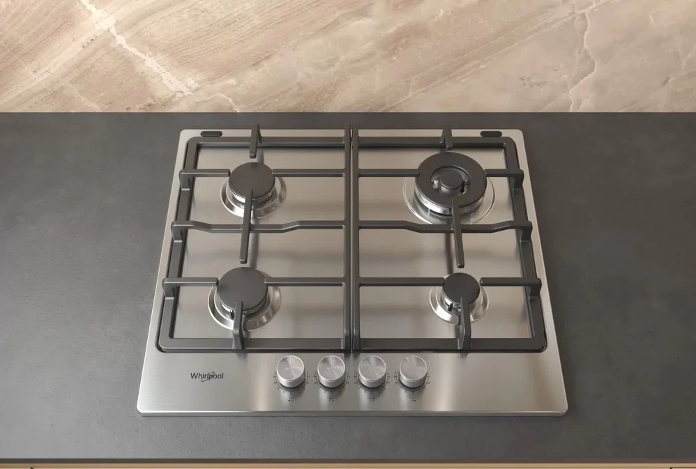 Газова варильна поверхня Whirlpool, 60 см, чавунні решітки, конфорка з подвійним полум'ям, нержавіюча сталь.