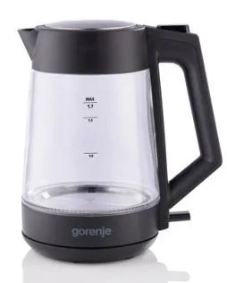 Електрочайник Gorenje 1.7 л, 2200 Вт, контроль Strix, скляний, чорного кольору.