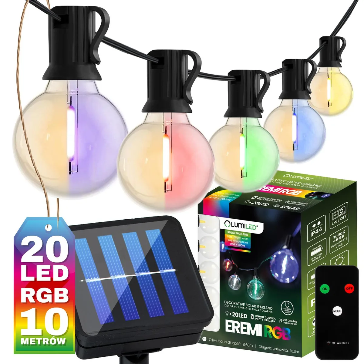 Світлодіодна сонячна гірлянда LumiLED пластикова 10,6 м чорна 20 LED RGB теплий білий