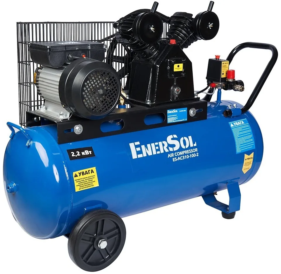 Безмасляний повітряний компресор EnerSol ES-AC310-100-2, 2.2 кВт, 100 л, 311 л/хв, 8 бар, 69.4 кг.