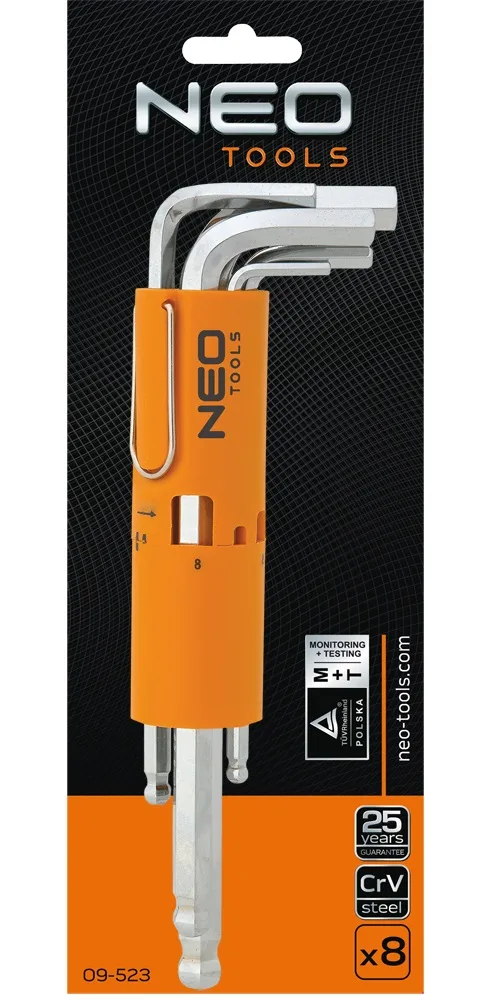 Ключі шестигранні Neo Tools, довгі, кулястий наконечник, CrV, 2-10мм, набір 8шт