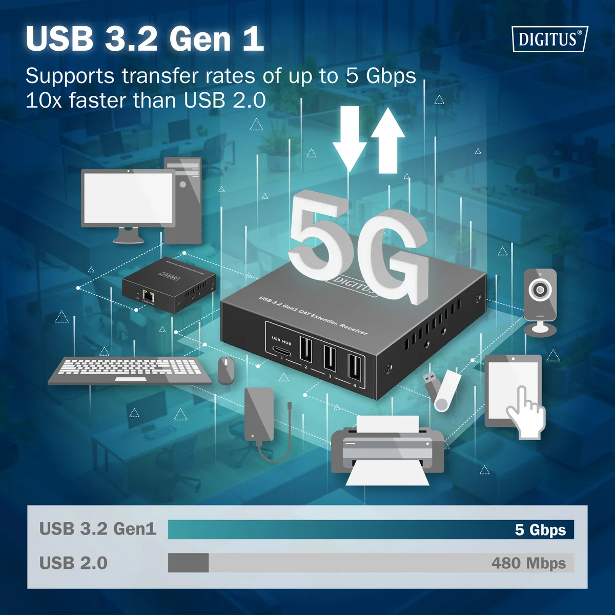 Подовжувач DIGITUS USB 3.2 Gen1, для використання з кабелем Cat6A, до 100 м, 3 х USB-A, 1 x USB-C, чорний