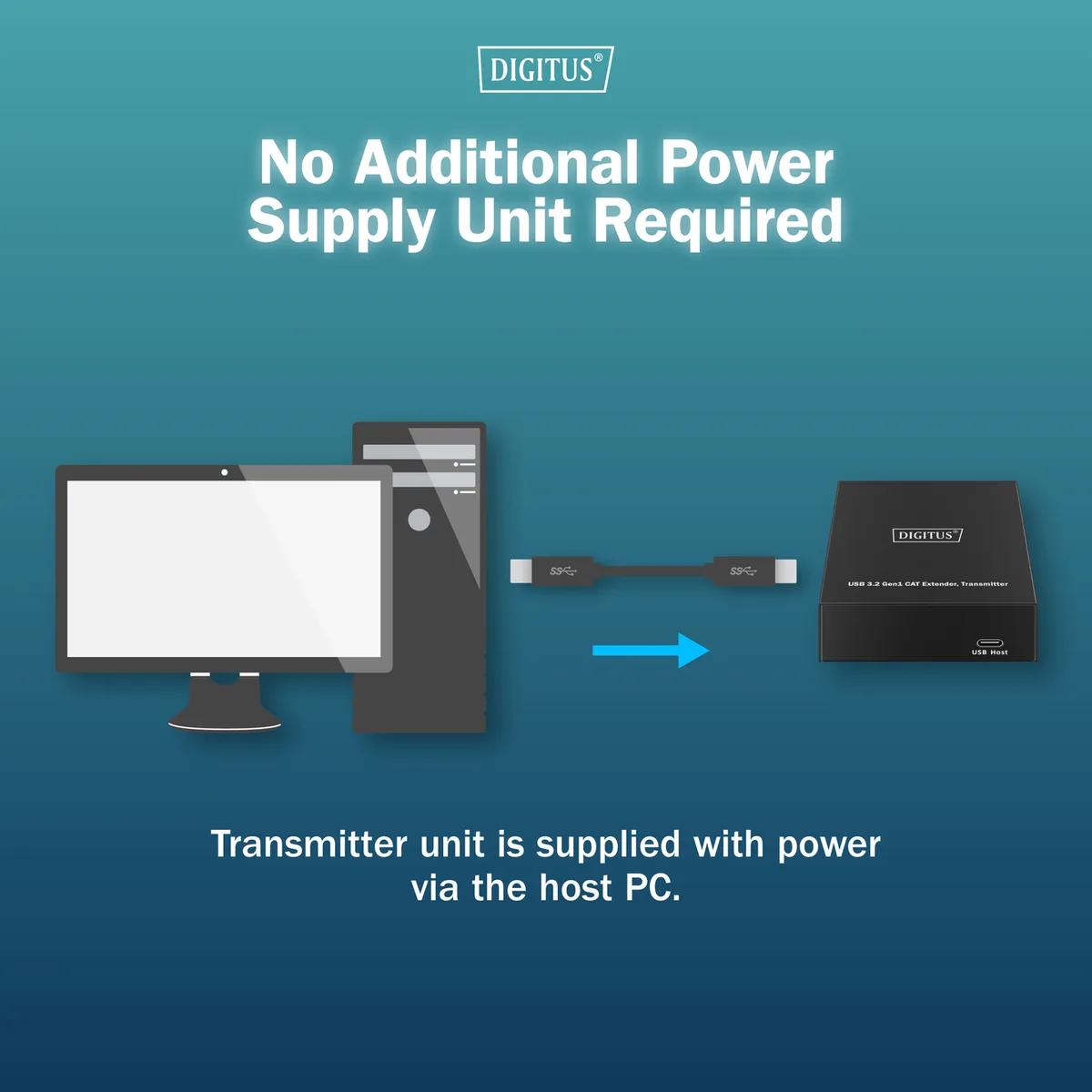 Подовжувач DIGITUS USB 3.2 Gen1, для використання з кабелем Cat6A, до 100 м, 3 х USB-A, 1 x USB-C, чорний