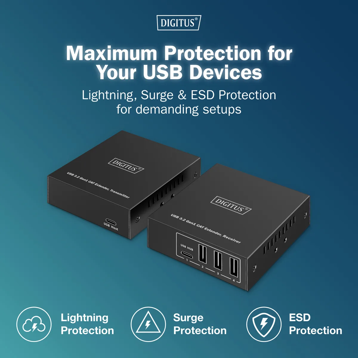 Подовжувач DIGITUS USB 3.2 Gen1, для використання з кабелем Cat6A, до 100 м, 3 х USB-A, 1 x USB-C, чорний