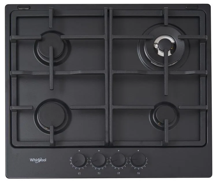 Газова варильна поверхня Whirlpool, 60 см, чавун, конфорка з подвійним полум'ям, чорна.