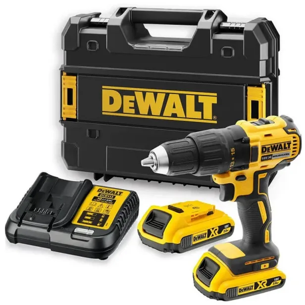 Акумуляторна дриль-шурупокрут DeWalt XR Li-Ion 18В, 2 батареї по 2А·год, крутний момент 65Нм, швидкість 500-1750 об/хв, патрон 13м