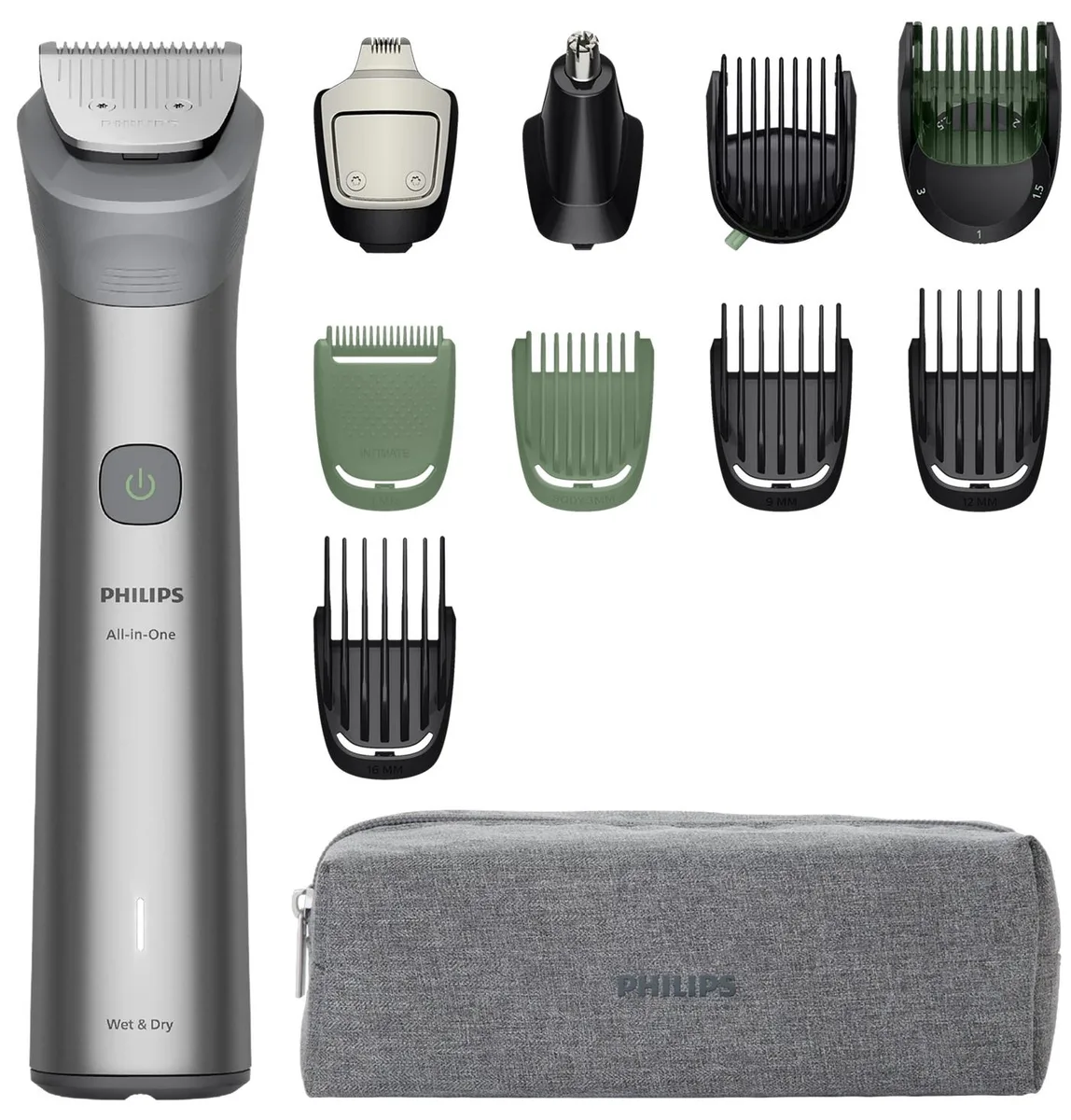 Тример Philips Series 5000 для стрижки бороди, волосся та тіла, 11 насадок, з нержавіючої сталі, сірий.