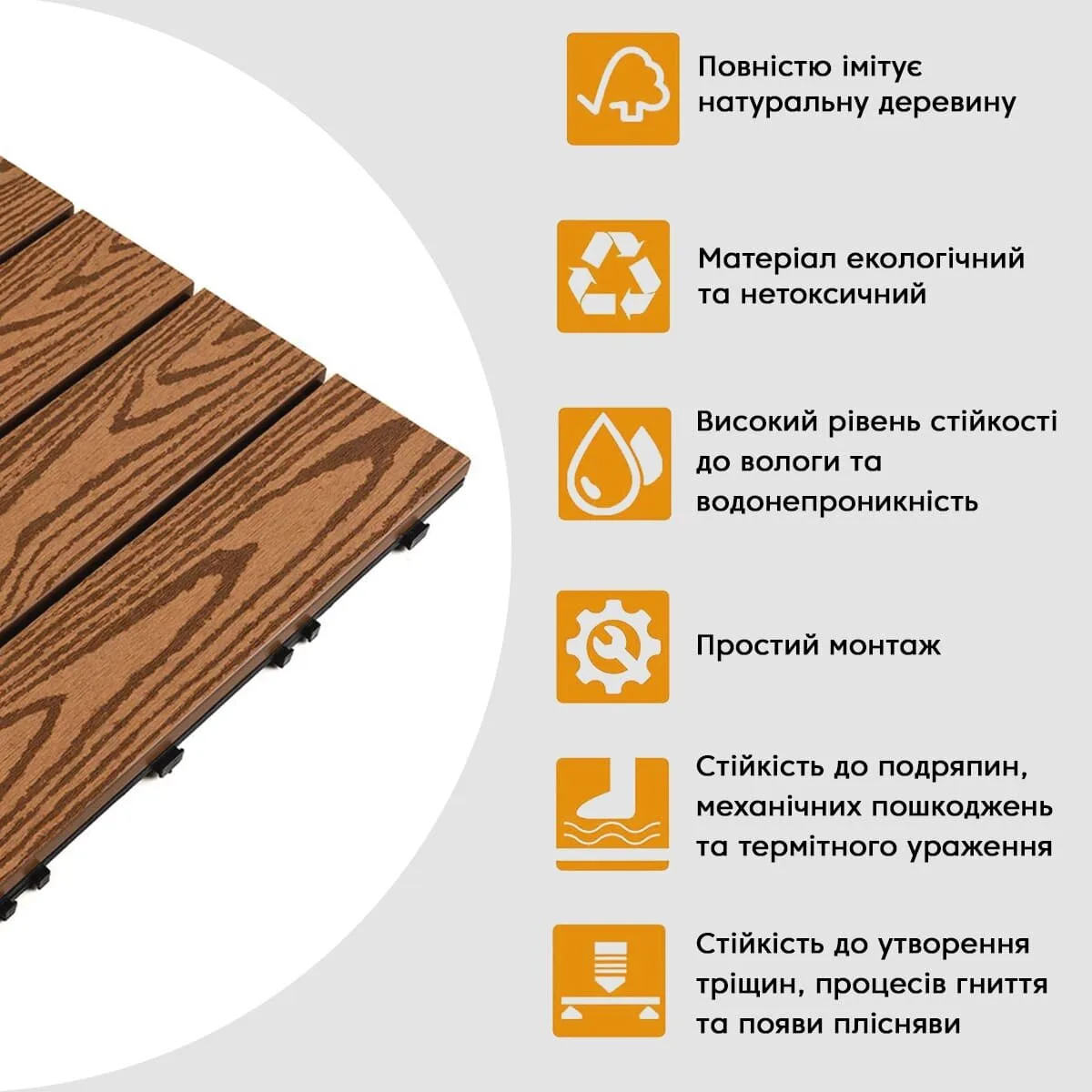 Композитна плитка 30х30х2 см рельєфна деревина WPC 900 г