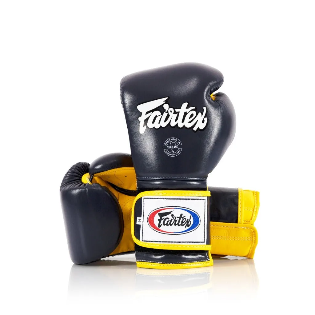 Боксерські рукавиці Fairtex натуральна шкіра 12 унцій сині жовті