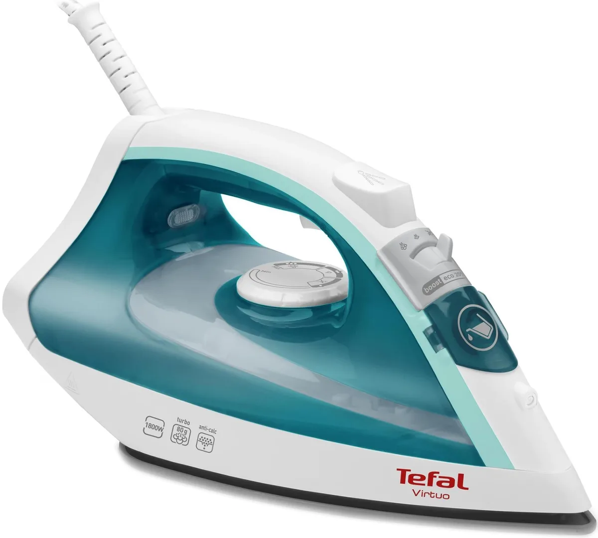 Пароутюг Tefal Virtuo, 1800Вт, 200мл, потужний паровий удар -80°C, постійна подача пари - 24г/хв, керамічна підошва, біло-бірюзово