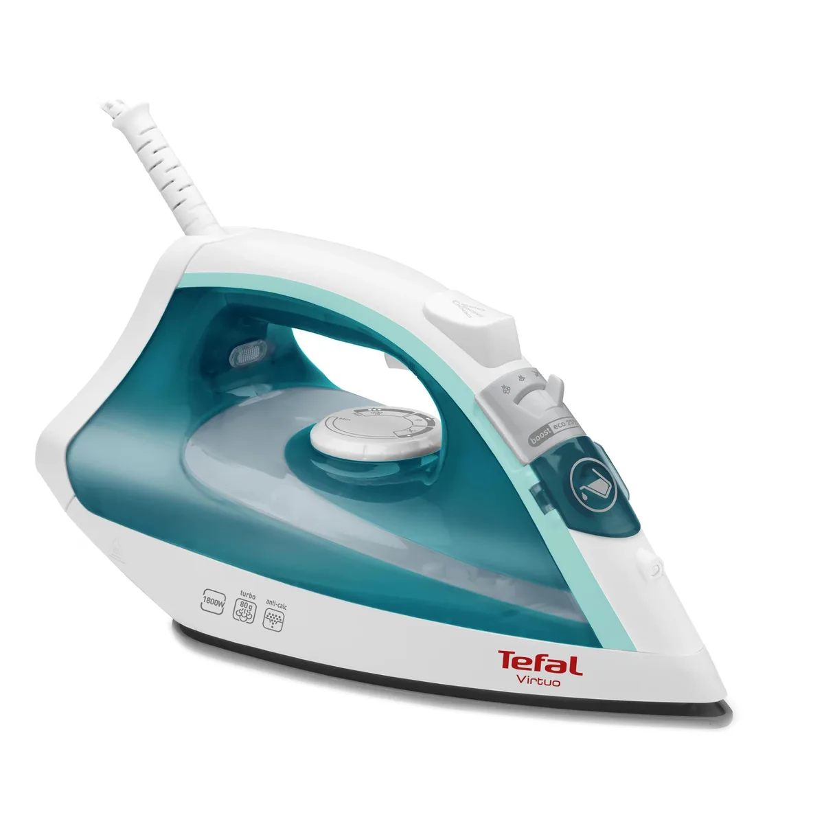 Пароутюг Tefal Virtuo, 1800Вт, 200мл, потужний паровий удар -80°C, постійна подача пари - 24г/хв, керамічна підошва, біло-бірюзово