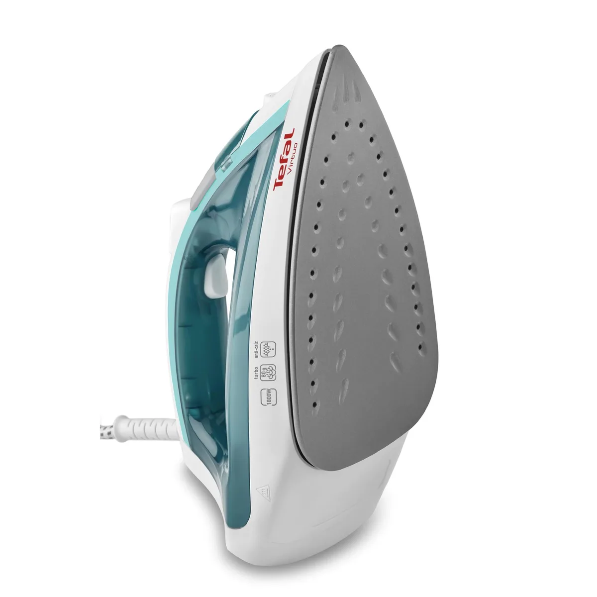 Пароутюг Tefal Virtuo, 1800Вт, 200мл, потужний паровий удар -80°C, постійна подача пари - 24г/хв, керамічна підошва, біло-бірюзово